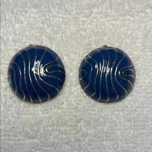 Vintage Wavy Blue and Gold Tone Signed Round Clip Earrings